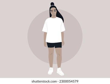 A plus size model wearing bike shorts and a white t-shirt