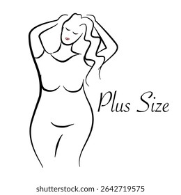 Plus size model woman sketch. Hand drawing style. Fashion logo with overweight. Curvy body icon design. Vector illustration.