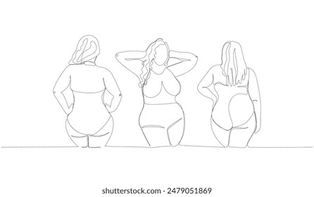 plus size models set, girls in swimsuits one line art. Continuous line drawing of body positive, overweight, plus size model, XL, health, fashion, self acceptance.