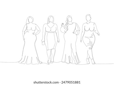 plus size models set, women in evening dresses one line art. Continuous line drawing of body positive, overweight, plus size model, XL, health, fashion, self acceptance.