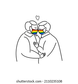 Plus size and overweight Couple Gay wearing pride flag color mask in love for Pride's day and LGBT concept. Hand drawn doodle cartoon flat vector illustration isolated on white background.