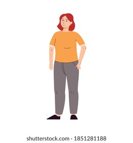 Plus size overweight woman cartoon character in activewear, flat vector illustration isolated on white background. Weight loss and healthy eating personage.