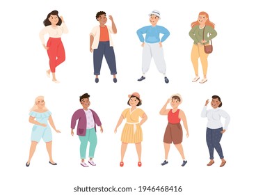 Plus Size People Characters in Different Apparel Standing and Smiling Vector Illustration Set
