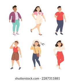 Plus Size People Characters in Different Apparel Standing and Smiling Vector Illustration Set