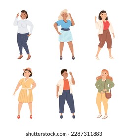Plus Size People Characters in Different Apparel Standing and Smiling Vector Illustration Set