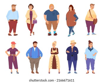 Plus size people. Chubby men and women, fatty group characters wear casual clothes. Happy plump human, body positive decent vector cartoon set