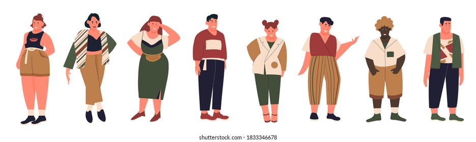 Plus size people vector illustration set. Cartoon flat collection with curvy fat young man woman in casual summer clothes, happy body positive overweight fat male female characters isolated on white