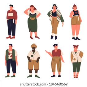 Plus size people vector illustration set. Cartoon flat collection with curvy fat young man woman in casual summer clothes, happy body positive overweight fat male female characters isolated on white