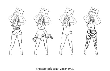 Plus size pin up girl with tablet.  Curvy girl. Plus sizes swim wear for summer. Plus sizes beautiful. Plus size swimsuit.Plus sizes fashion. Beautiful curvy model. Plus sizes model clothing. Vector.