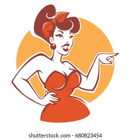 Plus Size Pinup Girl In Red Dress On Beige Background For Your Logo Or Emblem