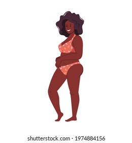 Plus size plum afro american woman in bikini, body positive lady in swimsuit isolated. Vector overweight sexy smiling girl with black curly hair, pretty lady on vacation or rest. Self acceptance