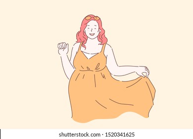 Plus size, plumper, XXL concept. Young happy woman or girl curvaceous full in a good mood posing for the camera. Cute teen fat shy lady smiling uncertainly welcomes, says goodbye. Vector flat design.