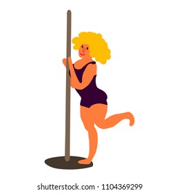 Plus size  pole dance woman. Body positive concept. Cartoon character. Vector illustration.