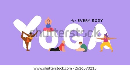 Plus size Practice Yoga With Confidence And Strength, Embracing Body And Its Capabilities, Dispelling Stereotypes Of Physical Fitness And Beauty Standards. Cartoon men and women stretching together.