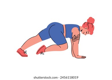 Plus size redhead woman with tattoo doing mountain climbers exercise. Flat vector illustration for body positivity, fitness and active lifestyle concept. Home workout without equipment.