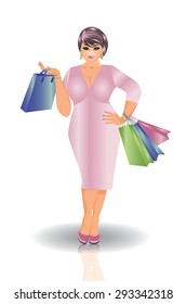 Plus size shopping woman, vector illustration
