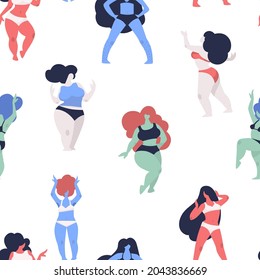Plus size and slim women, isolated ladies and girls wearing underwear, bra and bikini posing. Lifestyle and beauty of differences. Seamless pattern, background or print, vector in flat style