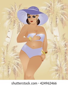 Plus size summer girl, vector illustration