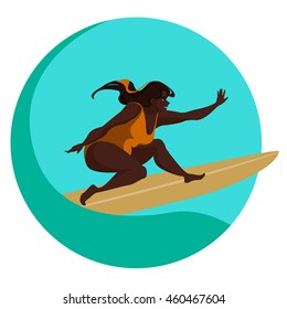 Plus size surfing girl catching a wave.