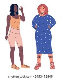 Plus Size vs Fit Woman. Female Body Overweight and Slim Comparison. Girl Sportive and Overweight. Different Body Types. Body Positive, Sport, Tolerance, Diverse, Feminism. Flat Vector Illustration