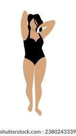 Plus size woman in a black swimsuit. Female curvy character. Positive body concept. Isolated vector illustration