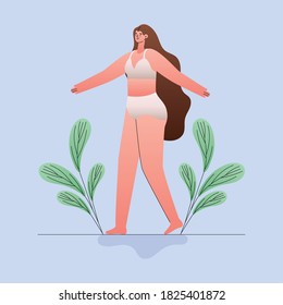 plus size woman cartoon in underwear with leaves design, Love and care yourself theme Vector illustration