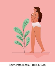 plus size woman cartoon in underwear with leaves design, Love and care yourself theme Vector illustration