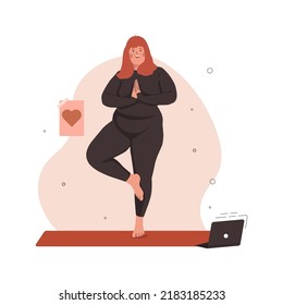 Plus size Woman character doing Yoga in feeling confident. Body positive and Acceptance concept. Flat Vector illustration.	