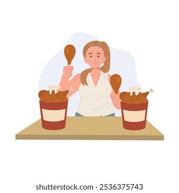 A plus size woman confidently enjoys fried chicken. Happiness with Food
