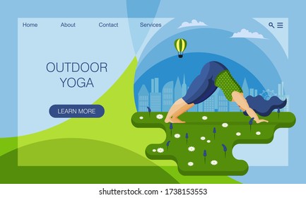 Plus size woman does yoga in summer on nature. Morning yoga practice. Dog face down. Sport for all. Summer vacation. Vector cartoon flat illustration. Concept of website landing page design template