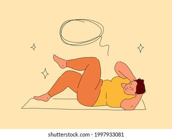 Plus size woman doing abs exercises on yoga mat. Modern flat and line illustration of obese lady taking care of herself. Vector design with place for text in speech bubble.