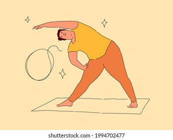 Mujer de tamaño superior haciendo ejercicio en alfombras de yoga. Ilustración vectorial moderna plana y de contorno aislada en fondo beige. Concepto corporal positivo con burbuja de habla lineal.