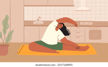 Plus size woman doing exercise. Home training concept. Vector flat illustration