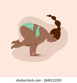 Plus size woman doing fitness yoga crow pose. Body love lifestyle healthcare vector illustration