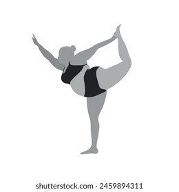 Plus size woman doing gymnastic exercise, flat silhouette, body positive, love yourself and love your body. Vector illustration isolated on white background.