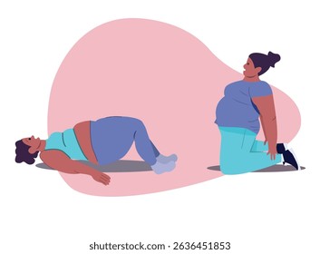 Plus size woman doing stretching workout at home. Flat Vector Illustration