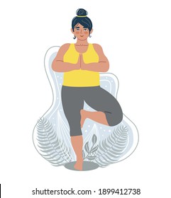 Plus size woman doing yoga on the natural background. Illustration for yoga, meditation, relax and healthy lifestyle. Vector illustration in flat cartoon style.