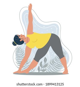 Plus size woman doing yoga on the natural background. Illustration for yoga, meditation, relax and healthy lifestyle. Vector illustration in flat cartoon style.