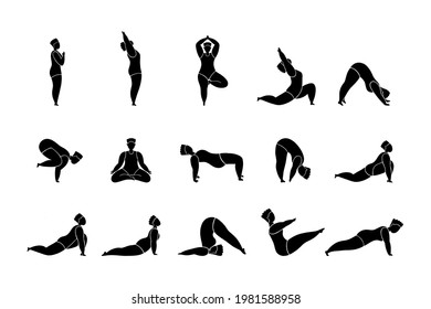 Plus size Woman doing yoga exercises, set. Vector female character in different asanas and poses isolated on a white background. 