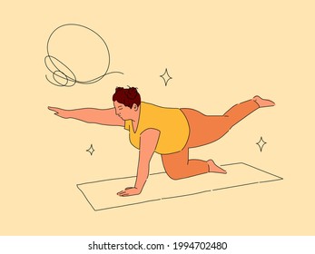 Plus size woman doing yoga. Vector illustration of healthy lifestyle, being yourself, motivation. Modern flat and line design on beige background.