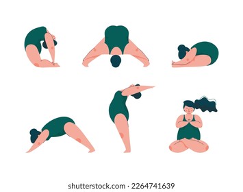 Plus Size Woman Doing Yoga Standing in Asana Vector Set