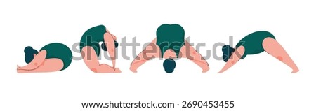 Plus Size Woman Doing Yoga Standing in Asana Vector Set
