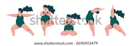 Plus Size Woman Doing Yoga Standing in Asana Vector Set