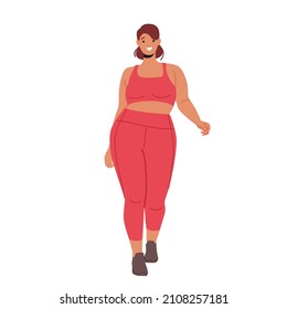 Plus Size Woman Dressed in Sportswear Red Pants and Short Top. Female Character Body Positive, Love Your Body Concept. Happy Plump Girl, Attractive Overweight Lady. Cartoon People Vector Illustration
