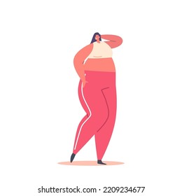 Plus Size Woman Dressed in Sportswear Red Pants and Short Top. Female Character Body Positive, Love Your Body Concept. Happy Plump Girl, Attractive Overweight Lady. Cartoon People Vector Illustration