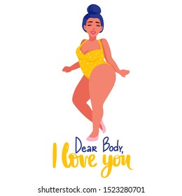 Plus size Woman dressed in swimsuits. Body positive. Happy girl flat style illustration. Attractive overweight lady. Female cartoon character. Dear body, i love you.