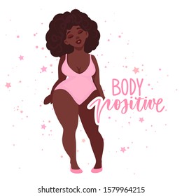 Plus size Woman dressed in swimsuits. Body positive. Happy African American girl flat style illustration. Attractive overweight lady. Female cartoon character.