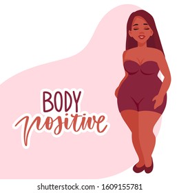 Plus size Woman dressed in swimsuits. Body positive. Happy African American girl flat style illustration. Attractive overweight lady. Female cartoon character. Love your body.