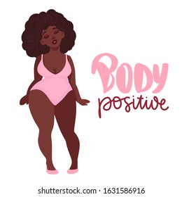 Plus size Woman dressed in swimsuits. Body positive. Happy African American girl flat style illustration. Attractive overweight lady. Female cartoon character.