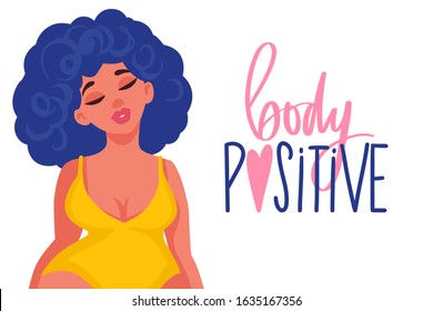 Plus size Woman dressed in swimsuits. Body positive. Happy girl flat style illustration. Attractive overweight lady. Female cartoon character.